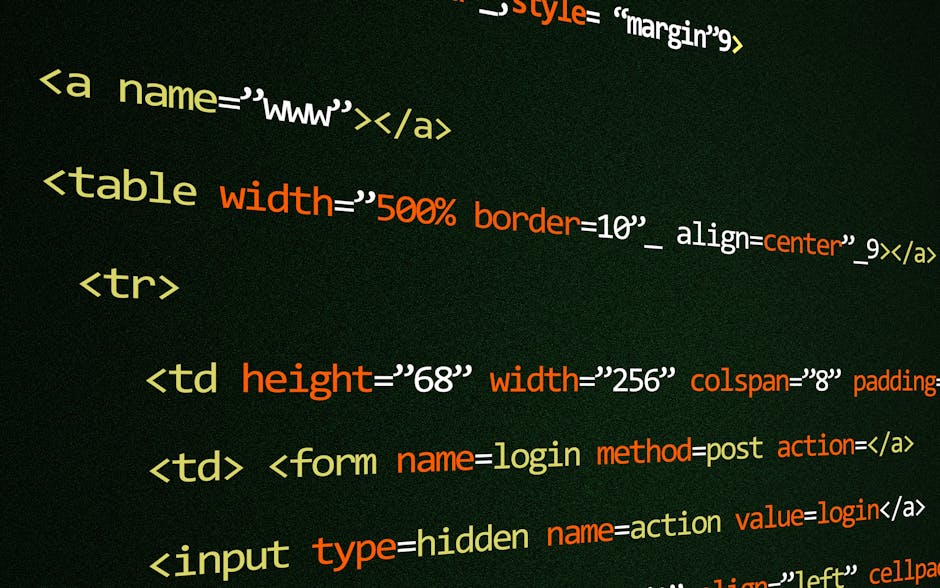 A close-up digital photograph of computer code displayed on a screen, featuring multicolored elements including HTML tags in shades of pink, green, blue, and white against a dark background. The code 