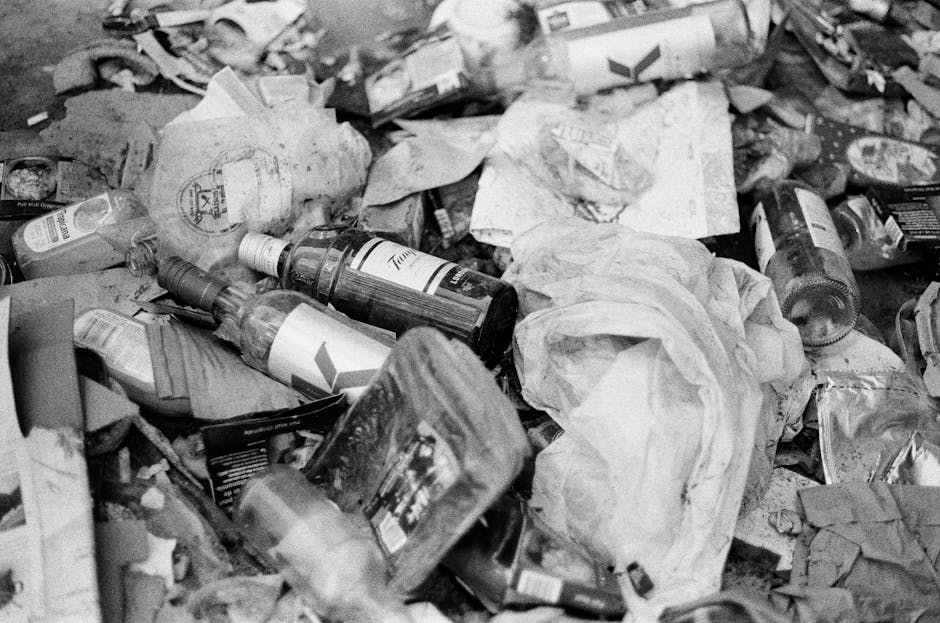 A large pile of tightly packed black plastic rubbish bags spills over onto the pavement in front of a modern building with a reflective, squared tiled facade. Several clear plastic water bottles and s